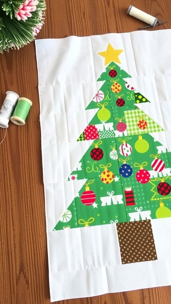 Christmas Tree Quilt Block Free Pattern A colorful Christmas tree quilt block on a wooden table with sewing supplies.